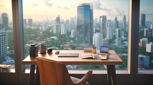 Une salle de conférence et un lieu de travail avec un ordinateur portable est un bureau pratique pour un ordinateur portable dans les fenêtres de bureau avec vue sur la villeTechnologies innovantes futuristes AI générative