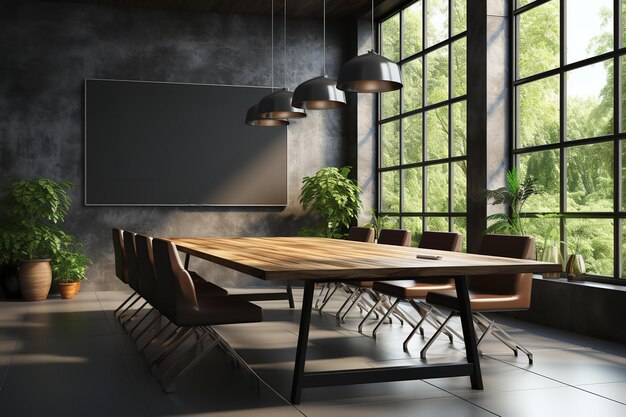 Une salle de conférence moderne et élégante avec une grande table en bois, des chaises noires et un tableau noir