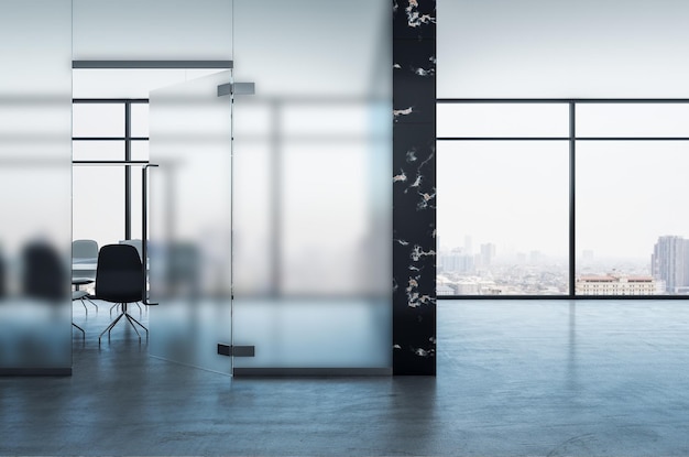 Salle de conférence moderne avec vue sur la ville et mur de verre flou