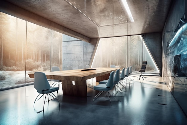Salle de conférence spacieuse avec une table en bois et des chaises bleues créées avec la technologie Generative AI