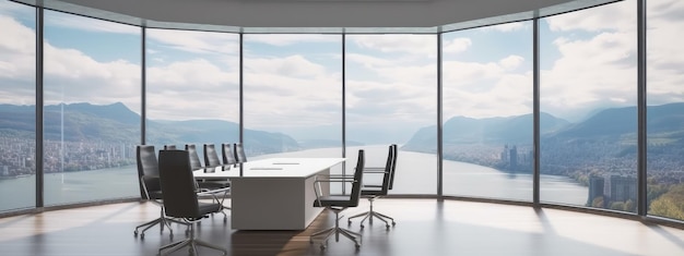 Salle de conférence avec table de réunion fenêtre au sol réfléchissante avec vue sur la montagne et le lac Generative AI AIG18