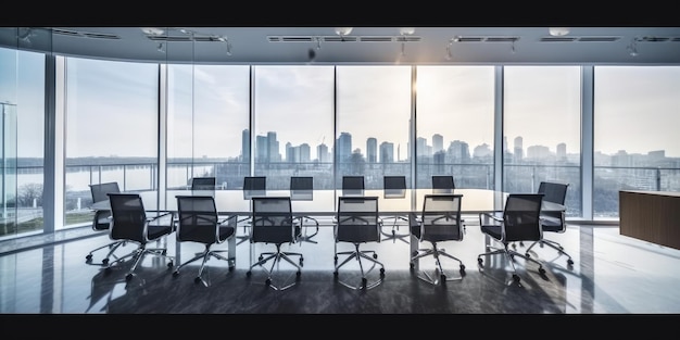 Salle de conférence avec table de réunion plusieurs sièges fenêtre au sol réfléchissante avec vue sur la ville Generative AI AIG18