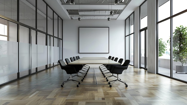 Une salle de conférence vide avec un grand tableau blanc au milieu.