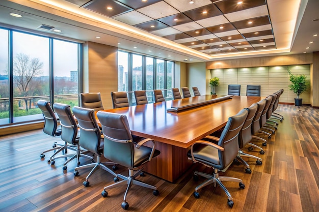 une salle de conférence vide avec une longue table et une chaise