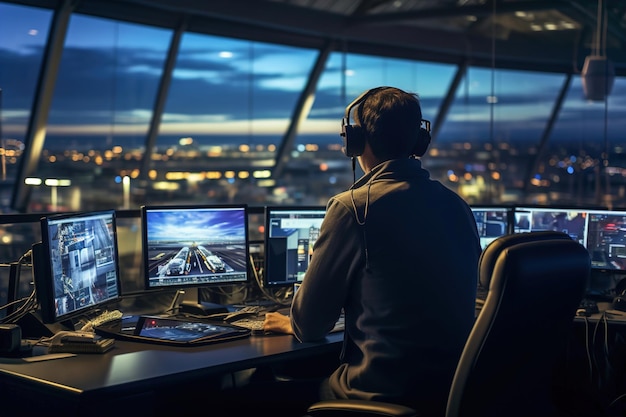 Salle de contrôle de l'aéroport Les opérateurs surveillent et gèrent les opérations de vol à l'aéroport