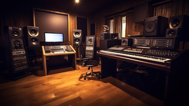 Salle de contrôle d'enregistrement complète avec amplificateur de mixage, microphone de piano et de guitare