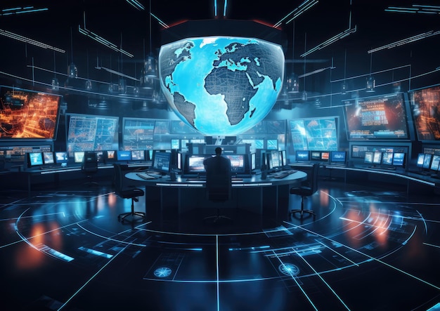 Une salle de contrôle futuriste de cybersécurité exploitée par l'IA avec des écrans holographiques affichant le temps réel