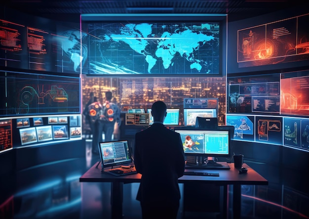 Une salle de contrôle futuriste de cybersécurité exploitée par l'IA avec des écrans holographiques affichant le temps réel