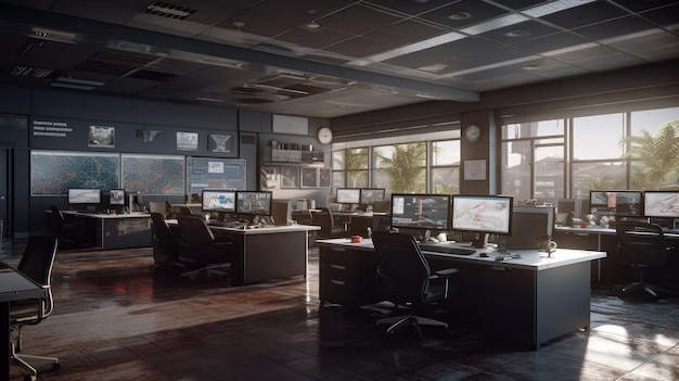 Une salle de contrôle avec une horloge murale et une salle avec des ordinateurs.