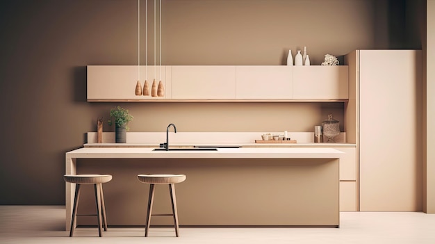 Salle de cuisine au design d'intérieur minimal avec un style de ton confortable beige décoré avec de l'Ai générative en bois