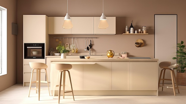 Salle de cuisine au design d'intérieur minimal avec un style de ton confortable beige décoré avec de l'Ai générative en bois