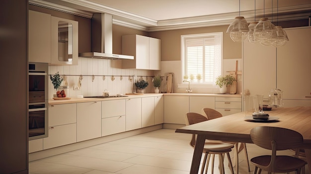 Salle de cuisine au design d'intérieur minimal avec un style de ton confortable beige décoré avec de l'Ai générative en bois