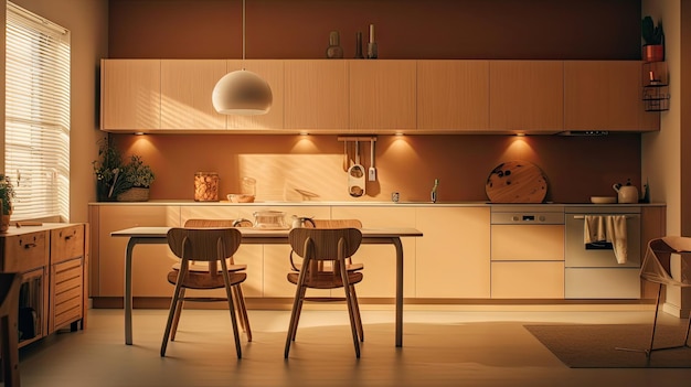 Salle de cuisine au design d'intérieur minimal avec un style de ton confortable beige décoré avec de l'Ai générative en bois