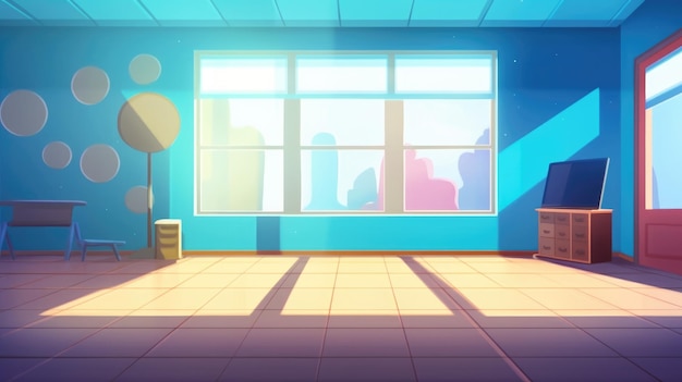 Une salle de dessin animé avec une fenêtre qui dit "salle de jeux" dessus