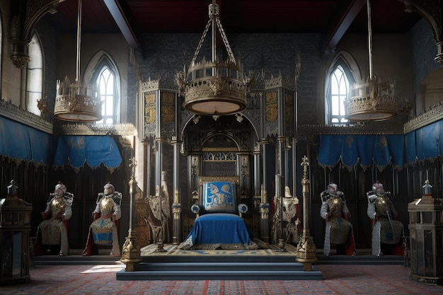 Salle du trône royal dans le château avec armure et gardes de sabre de chaque côté du trône