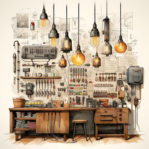 Photo salle d'électriciens aquarelle avec outils électriques schémas de circuits ind clipart sur encre bg blanche