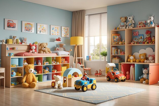 Salle d'enfants avec des jouets et des étagères