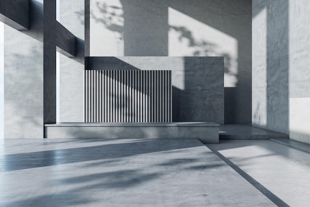 Salle d'espace d'art éclairée par le soleil avec des ombres avec un design d'architecture moderne, des murs en béton gris foncé et un rendu 3D du sol