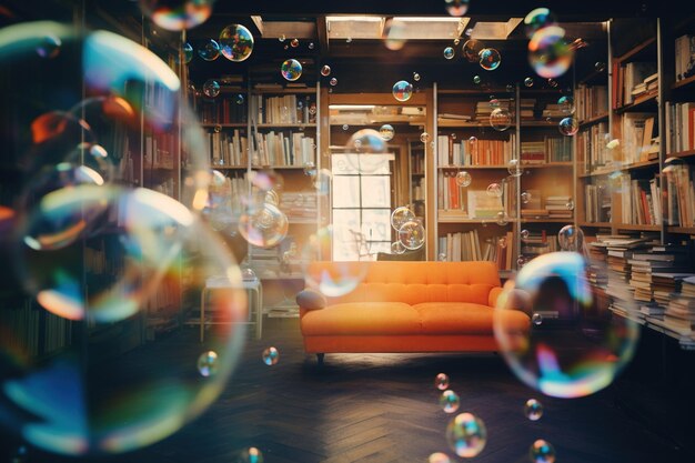 Une salle d'étude floue avec des étagères vues à travers une bulle de savon flottante