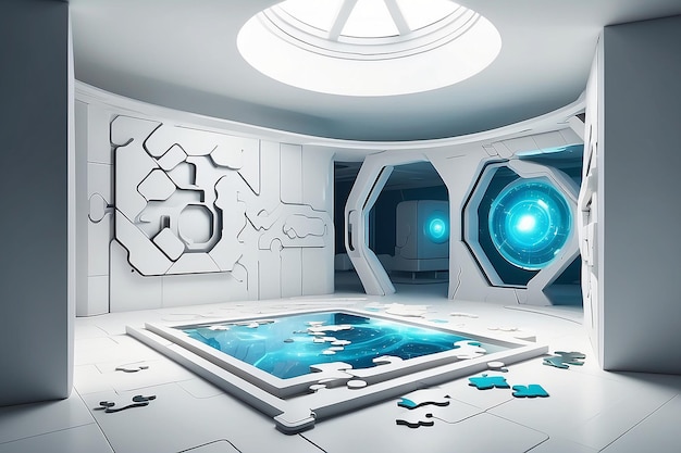 Photo salle d'évasion de réalité virtuelle avec des puzzles artistiques dans un cadre futuriste avec une maquette d'interaction multijoueur en temps réel avec un espace blanc vide pour placer votre conception