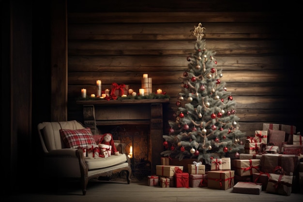 Salle de fête confortable avec une cheminée décorée pour Noël en toile de fond avec des cadeaux d'arbre de Noël et une IA génératrice de lumière