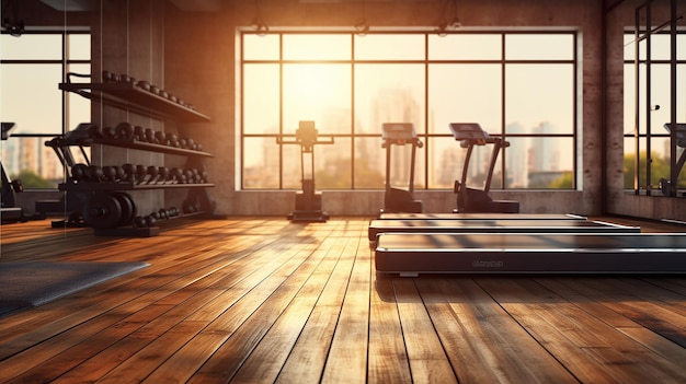salle de fitness et un espace de table en bois dans la lumière du matin