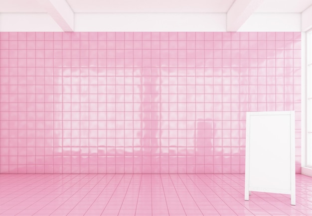 Salle de fond rose avec panneau blanc, mur rose et carrelage rose, rendu 3d.