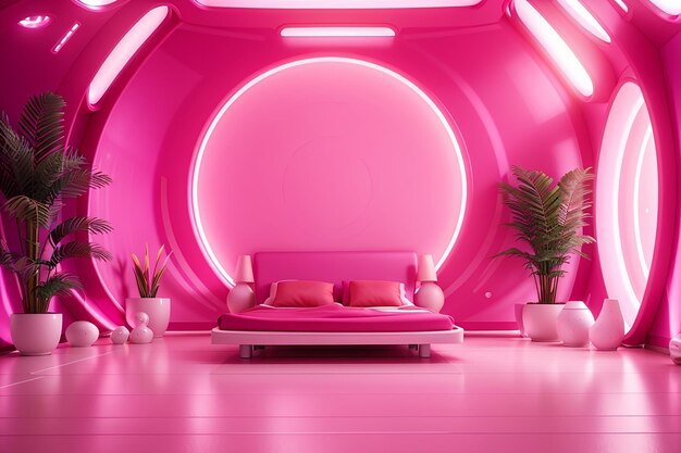 Photo salle futuriste en couleurs roses chaudes avec un bel éclairage arrière-plan époustouflant pour la présentation du produit