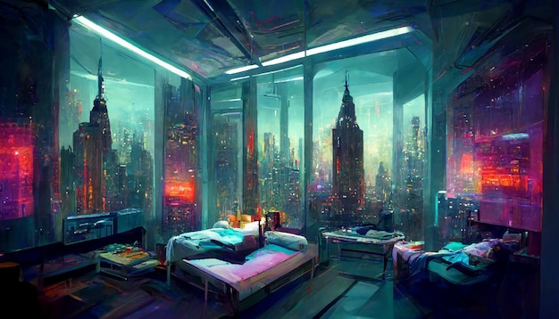 salle futuriste dans l'illustration dystopique cyberpunk de New York. illustration pour papier peint