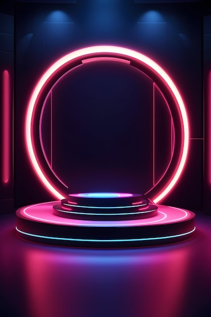 Salle futuriste avec podium circulaire au néon et lampe ronde au néon, espace 3D avec scène vide