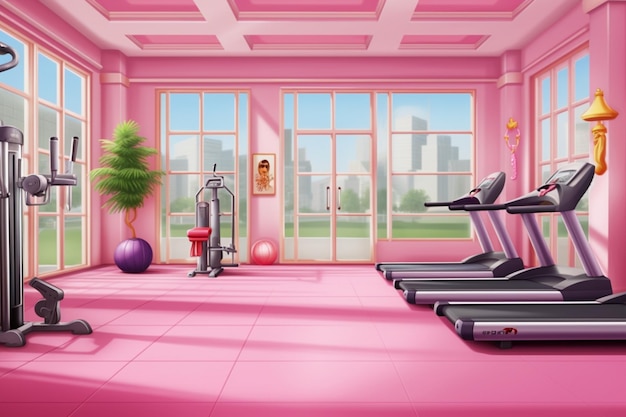 Une salle de gym rose avec une fenêtre et un banc avec une pancarte qui dit " gym ".