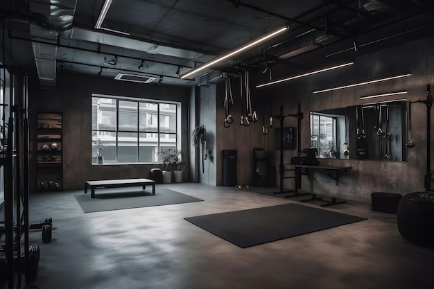 Une salle de gym sombre avec une grande fenêtre qui dit "salle de yoga"