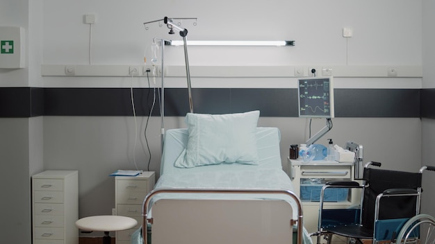 Salle d'hôpital vide avec équipement médical et outils pour les soins de santé et la guérison. Personne dans le lit de la salle d'urgence de l'établissement avec poche intraveineuse, moniteur de fréquence cardiaque et instruments de soins