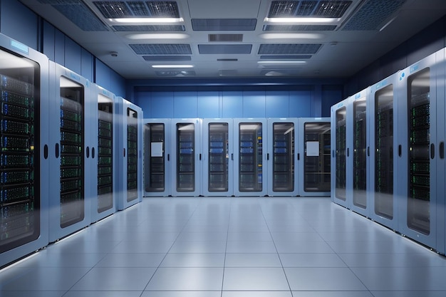 Salle de hub de racks de serveur de données avec intérieur bleu de centre informatique Big Data pour l'hébergement du matériel de stockage