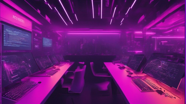 une salle informatique avec une lumière violette et rose.