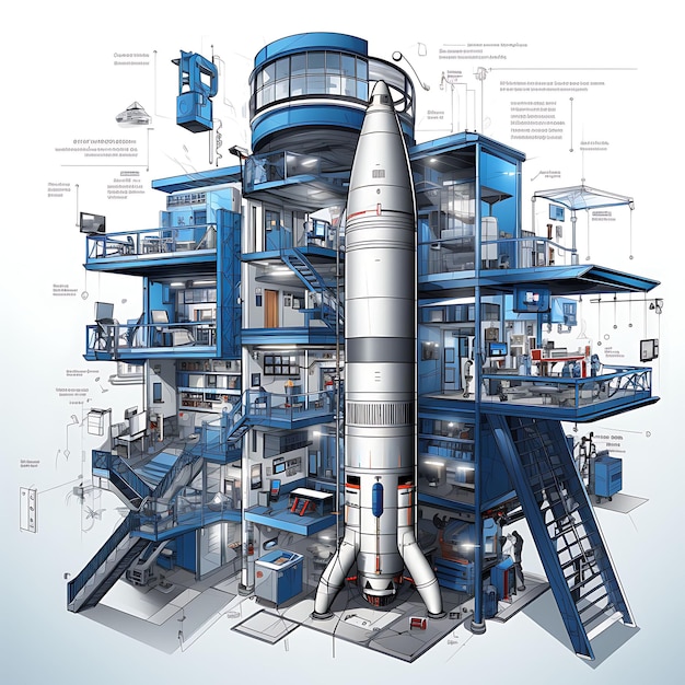 Salle d'ingénieur aérospatial aquarelle avec modèles de fusée imprimante 3D Futuri Clipart sur encre BG blanche