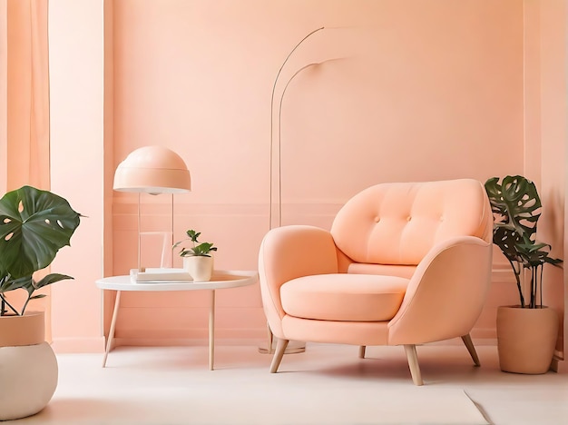 Salle d'intérieur minimale de peach fuzz Salle de séjour fauteuil de peach avec mur de peinture de couleur peach