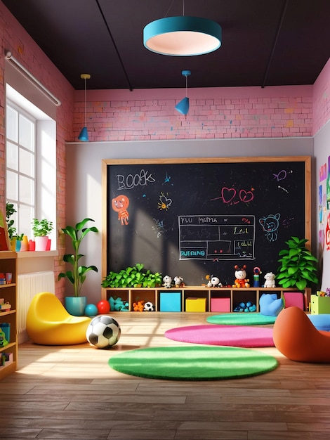 Une salle de jeu animée pour enfants avec des autocollants colorés sur le mur et un tableau de craie