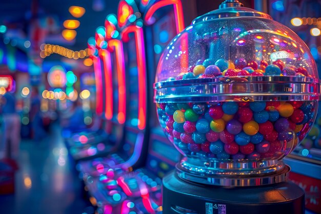 Une salle de jeux d'arcade vibrante avec une machine à gommes colorée aux lumières au néon