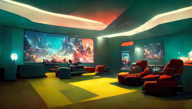 Salle de jeux cinématique dans l'intérieur du jeu futuriste du métaverse