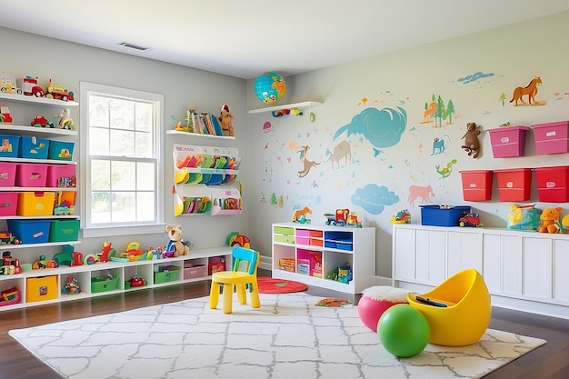 Salle de jeux colorée avec des autocollants interactifs sur le mur et un rangement de jouets