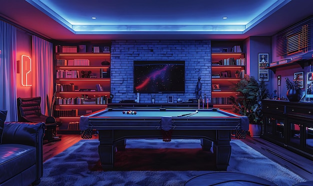 Photo salle de jeux contemporaine avec un bar avec table de billard et une grande salle intérieure neon light vr concept
