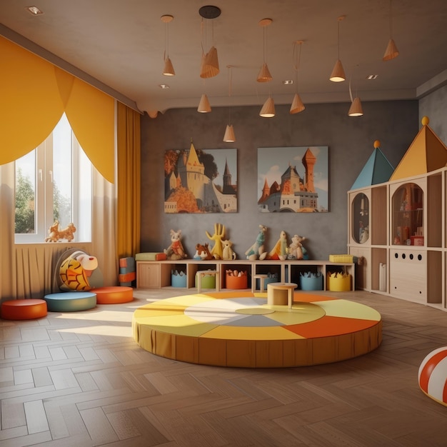 Salle de jeux de la maternelle jouets colorés enfants jouent à un jeu génératif ai