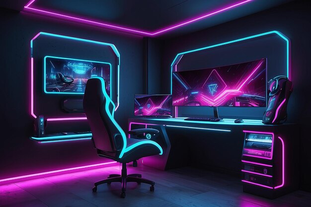 Salle de jeux avec un ordinateur de cyber-jeu 3D rendant l'image de l'éclairage au néon