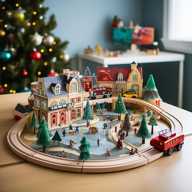 Salle De Jeux Pour Enfants Avec Un Petit Train Faisant Le Tour D'un Village  De Noël