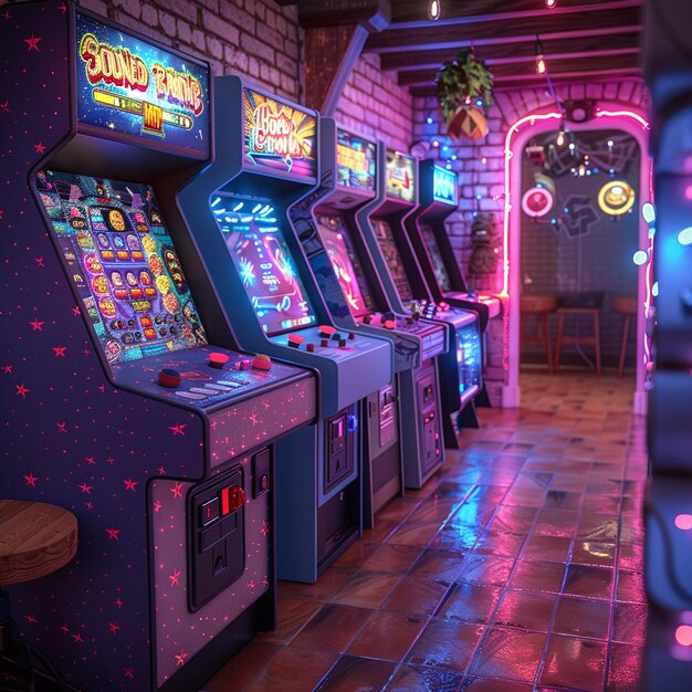 Une salle de jeux rétro avec des machines d'arcade vintage et un panneau au néon