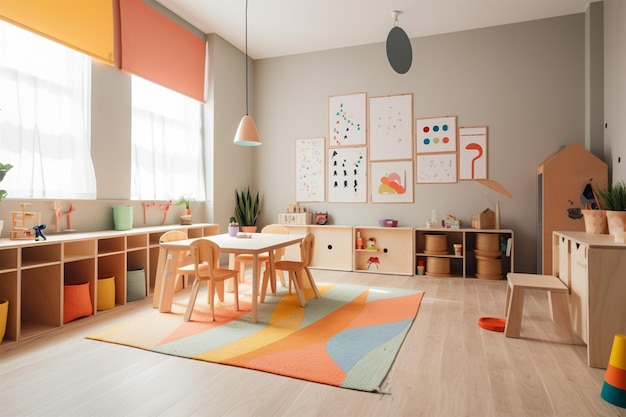 Une salle de jeux avec un tapis coloré et une table de jeu.