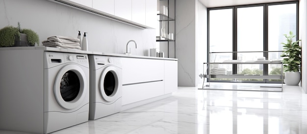 Salle de lavage blanche et floue avec machine à laver moderne