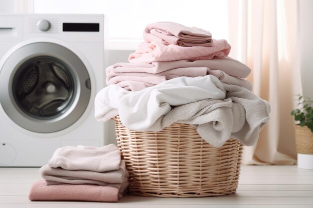 Salle de lavage avec machine à laver et panier plein de vêtements et de serviettes