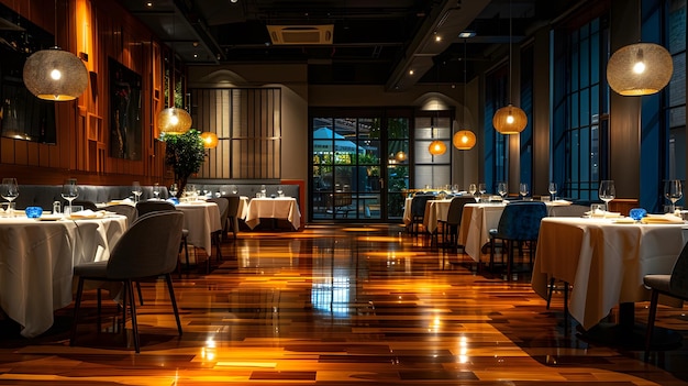 Salle à manger abondante avec des tables et des chaises IA générative